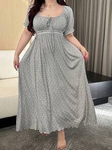 Dazy Plus 优雅碎花圆领系带撞色蕾丝收腰长款睡裙，短袖 - 灰色 - 查看 6