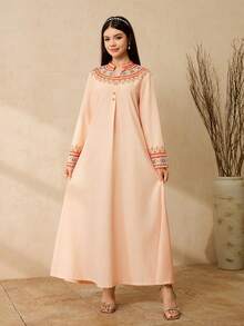 Teen Girl Half-Zip Long Sleeve Casual Ruffle Hem Elegant Vintage Dress Teenager Dress Abaya Long Modest Dresses For Girls And Ladies Teen Modest Dress Muslim Girl Dress Islamic Clothing Girls Modest Dresses Girls Muslim Girl Clothes Abaya Girls Embroidered Dress Girls Arabic Dress For Girls Mummy And Daughter Dress Modest Dress For Girls Mom Daughter Matching Dresses - Apricot - View 3