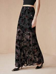 Arave 女士植绒铅笔裙，常规腰线设计，约会优雅之选 - 黑色 - 查看 1