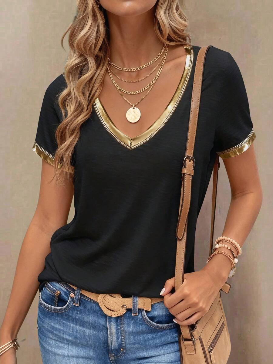 EMERY ROSE Women Casual V-Neck Contrast Color Block Short Sleeve T-Shirt - Black - View 1