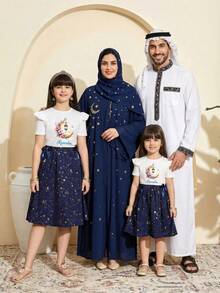 Set de 2 piezas para niñas preadolescentes: Blusa de cuello redondo y mangas acampanadas con estampado de estrellas y lunas + Falda acampanada de cintura elástica con estampado de estrellas, para verano