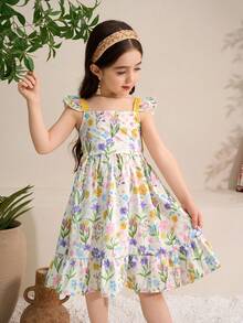 Elladie kids 女童休闲中长连衣裙，后背可爱蝴蝶结设计，黄色碎花连衣裙，女童碎花连衣裙，碎花荷叶边连衣裙，黄色蝴蝶结连衣裙，女童蝴蝶结连衣裙，印花连衣裙，荷叶边吊带连衣裙，夏季连衣裙，女童碎花连衣裙，女童夏季连衣裙，碎花连衣裙，黄色碎花连衣裙，女童可爱连衣裙 - 黃色 - 查看 7