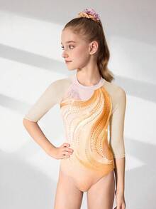 Tween Girls Gymnastics Leotard, Professional Sports Gymnastics & Dance, High Stretch Breathable Fabric, Vibrant Orange Pattern With Sparkling Rhinestones, Bodysuit - Orange - View 3