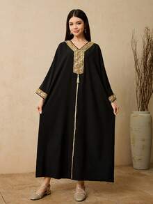 亮片缎带饰边V领长袖流苏设计少女休闲连衣裙 - 黑色 - 查看 3