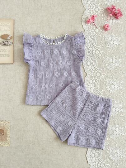 SHEIN 2pcs/Set Baby Girls' Summer Clothes Back To School Season 3M-3Y, Purple Jacquard Casual Cute Ruffle Collar Cap Sleeve T-Shirt Top And Elastic Waist Shorts, Soft And Fashionable For Spring/Summer Outings And Home, Suitable As Gift