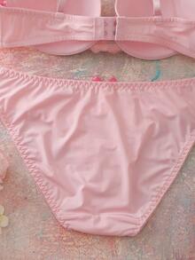 FloralLove 情人节刺绣花卉蕾丝拼接钢圈加厚聚拢舒适半罩杯浪漫礼物蝴蝶结可爱娃娃衫女士内衣套装 - 粉色 - 查看 9