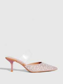 CUCCOO SZL Women's Sexy Pearl Rhinestone Shiny Pointed Toe High Heel Pumps, Fashion Transparent Strap Slip-On Comfortable Outdoor Party Event Dress Shoes Spring Shoes - Apricot - View 2