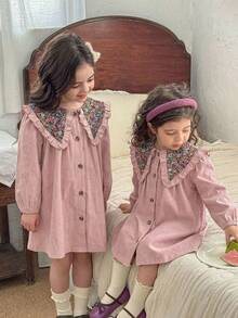 Emery Rose Kids Emery Rose Kids 女童纯色拼接碎花彼得潘领休闲连衣裙，女童春秋法式连衣裙，秋装，舒适秋冬款式，圣诞节，秋季服装，长袖，秋季连衣裙，女童碎花蕾丝领连衣裙，舒适秋冬款式，秋季，粉色连衣裙，秋季连衣裙，长袖 - 粉色 - 查看 2