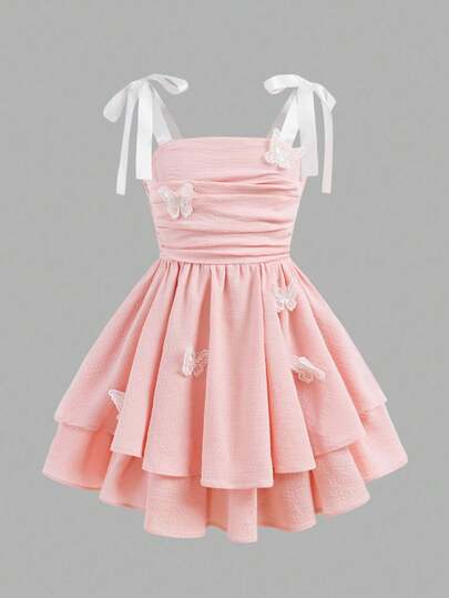 Tween Girls Cute Butterfly Decoration Woven Solid Color Bubble Pleated Double Layer Cake Dress Casual Bow Sling French Fairy Dress, Elegant Cake Dress, Dresses Graduation, Birthday Dress, Princess Dress, Flower Girl, Butterfly Applique Dress, Ruffle Tiered Dress, Cute Pink Dresses, Young Girl Party Dress, Pink Bow Strap Dress