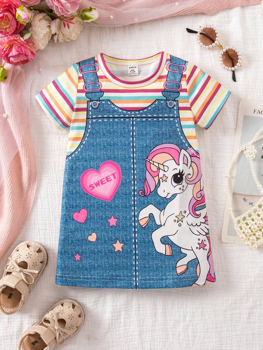 SHEIN Baby Girl Round Neck Striped & Cartoon Print Short Sleeve 2 In 1 Dress - Yellow - View 1