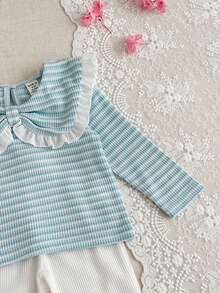 SHEIN 2pcs Baby Girls' Sweet Princess Style Pink & White Striped Outfit, Essential For Everyday Outings & Family Gatherings, Autumn/Winter 2025. Featuring: Waffle Knit Fabric, Collared Top With Ruffle Trim & 3D Bow Accent, Cute Striped Pattern, Flared Pants With Ruffle Hem. - Blue - View 5
