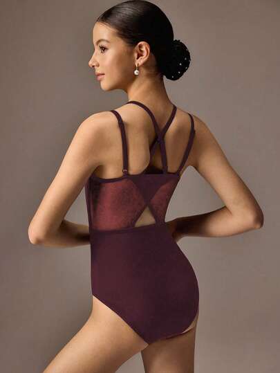 SHEIN Teen Girls' Burgundy Ballet Leotard, Criss-Cross Strap Design, High Stretch Mesh Fabric, Suitable For School Performances, Ballet Performances, And Dance Competitions