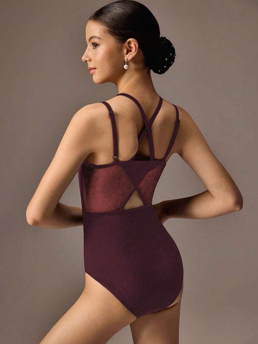 Teen Girls' Burgundy Ballet Leotard, Criss-Cross Strap Design, High Stretch Mesh Fabric, Suitable For School Performances, Ballet Performances, And Dance Competitions - Burgundy - View 1