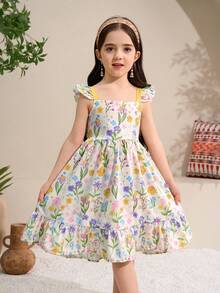 Elladie kids 女童休闲中长连衣裙，后背可爱蝴蝶结设计，黄色碎花连衣裙，女童碎花连衣裙，碎花荷叶边连衣裙，黄色蝴蝶结连衣裙，女童蝴蝶结连衣裙，印花连衣裙，荷叶边吊带连衣裙，夏季连衣裙，女童碎花连衣裙，女童夏季连衣裙，碎花连衣裙，黄色碎花连衣裙，女童可爱连衣裙 - 黃色 - 查看 2
