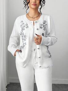 Elenzga Áo khoác cardigan tay dài dáng rộng, đính sequin, cài cúc phía trước, thích hợp cho mùa xuân. - trắng - Xem 1