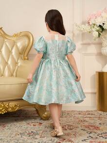Young Girl Elegant Mid Length Princess Dress, With Mesh Stitching Design At The Neckline To Add A Sense Of Fashion, Heavy Fabric Design To Add A Sense Of Luxury, And Bow Embellishment At The Waist, Suitable For Dining And Holiday Wear - Green - View 2