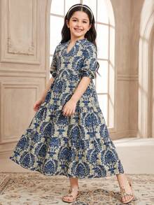 SHEIN Tween Girl Ditsy Floral V-Neck Casual Dress - Blue - View 1