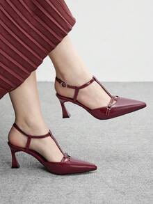 CUCCOO BIZCHIC Classic Pointed Toe Ankle Strap Stiletto High Heel Pumps, Burgundy, Versatile For Daily, Commute, Party, Elegant Valentine's Day - Burgundy - View 1