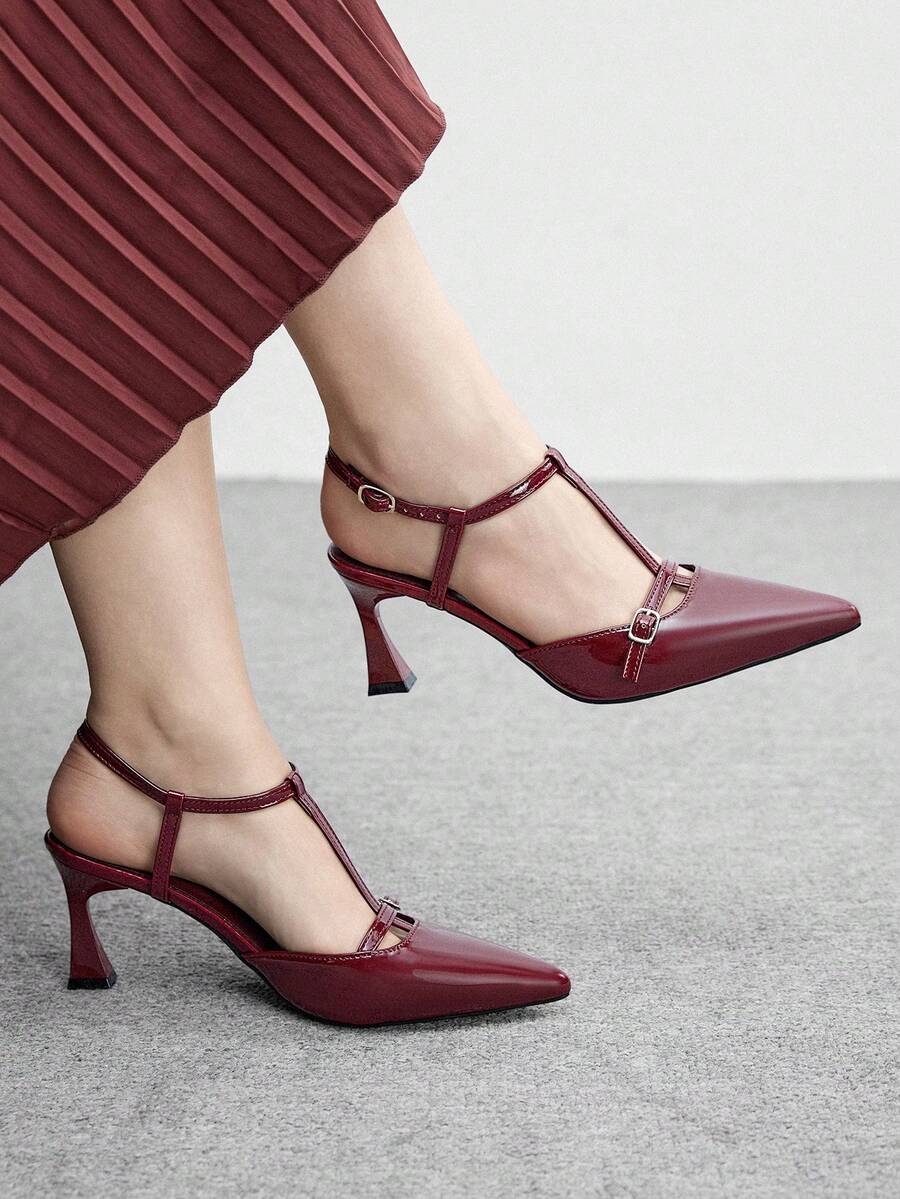CUCCOO BIZCHIC Classic Pointed Toe Ankle Strap Stiletto High Heel Pumps, Burgundy, Versatile For Daily, Commute, Party, Elegant Valentine's Day - Burgundy - View 1