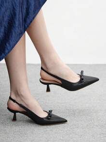 CUCCOO BIZCHIC Tacones altos de moda versátiles de uso diario con decoración de lazo y punta puntiaguda para mujer - Negro - Ver 2
