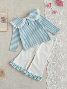 SHEIN 2pcs Baby Girls' Sweet Princess Style Pink & White Striped Outfit, Essential For Everyday Outings & Family Gatherings, Autumn/Winter 2025. Featuring: Waffle Knit Fabric, Collared Top With Ruffle Trim & 3D Bow Accent, Cute Striped Pattern, Flared Pants With Ruffle Hem. - Blue - View 2