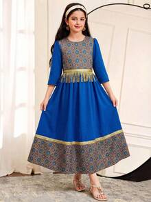 SHEIN Tween Girls Blue A Line Midi Dress With Geometric Pattern And Round Neck Puff Sleeves For Vacation - Blue - View 6