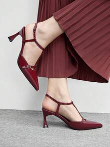 CUCCOO BIZCHIC Classic Pointed Toe Ankle Strap Stiletto High Heel Pumps, Burgundy, Versatile For Daily, Commute, Party, Elegant Valentine's Day - Burgundy - View 5