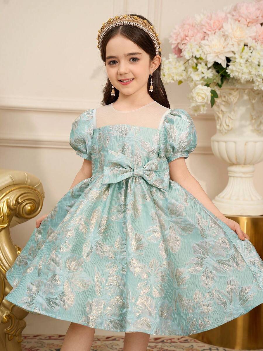 Young Girl Elegant Mid Length Princess Dress, With Mesh Stitching Design At The Neckline To Add A Sense Of Fashion, Heavy Fabric Design To Add A Sense Of Luxury, And Bow Embellishment At The Waist, Suitable For Dining And Holiday Wear - Green - View 1