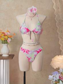 Bellisia 26SS 夏季度假海滩休闲绿色粉色百合花荷叶边波浪裙摆三件套，女士泳装到货，适合上学、度假、约会、下午茶、西式、邮轮、海滩、海岛、公路旅行、四季皆宜、音乐节、波西米亚风度假、凉爽秋季、西部波西米亚风，优雅上衣女式半身裙泳装套装沙滩裙套装泳装三件套半身裙比基尼套装夏季两件套 - 彩色 - 查看 3