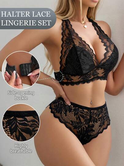 2 piezas Conjunto de lencería sexy con parches de encaje de unicolor y botones laterales invisibles, adecuado para citas, uso diario y fiestas