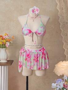 Bellisia 26SS 夏季度假海滩休闲绿色粉色百合花荷叶边波浪裙摆三件套，女士泳装到货，适合上学、度假、约会、下午茶、西式、邮轮、海滩、海岛、公路旅行、四季皆宜、音乐节、波西米亚风度假、凉爽秋季、西部波西米亚风，优雅上衣女式半身裙泳装套装沙滩裙套装泳装三件套半身裙比基尼套装夏季两件套 - 彩色 - 查看 4