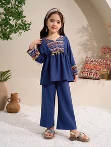 Elladie kids 两件套女童图案拼接长袖V领上衣和长裤休闲套装，春秋季 - 寶藍色 - 查看 4