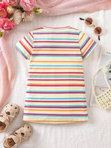 SHEIN Vestido de niña bebé de cuello redondo con estampado de rayas y dibujos animados de manga corta 2 en 1 - Amarillo - Ver 3