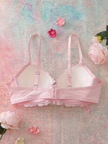 FloralLove Áo ngực nữ kiểu balconette thêu hoa, cúp 3/4, có gọng, nâng ngực, nơ, viền bèo nhún, gấu áo xếp ly, ngọt ngào, dễ thương, thoải mái. - Hồng - Xem 2