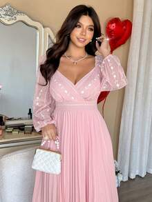 Vionelle Váy xếp ly tay bồng thêu hoa 3D, cổ bẻ, màu tương phản, phong cách cung điện công chúa thanh lịch, dài chấm đất, cỡ lớn dành cho nữ - Hồng - Xem 4