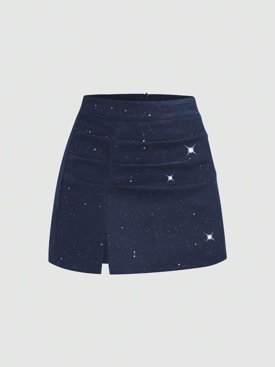 Sweetra Chân váy ngắn dự tiệc ôm sát, xếp ly bất đối xứng, đính sequin, khóa kéo, gợi cảm dành cho nữ. - Màu xanh hải quân - Xem 1