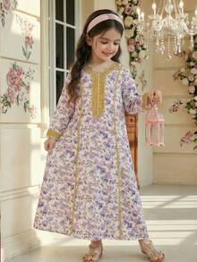 SHEIN Young Girl White Summer Traditional Arabian Dress Floral Print Long Sleeve Jalabiya For Wedding Al-Adha,Matching Mom & Daughter Kaftan Prayer Robe - Mauve Purple - View 3