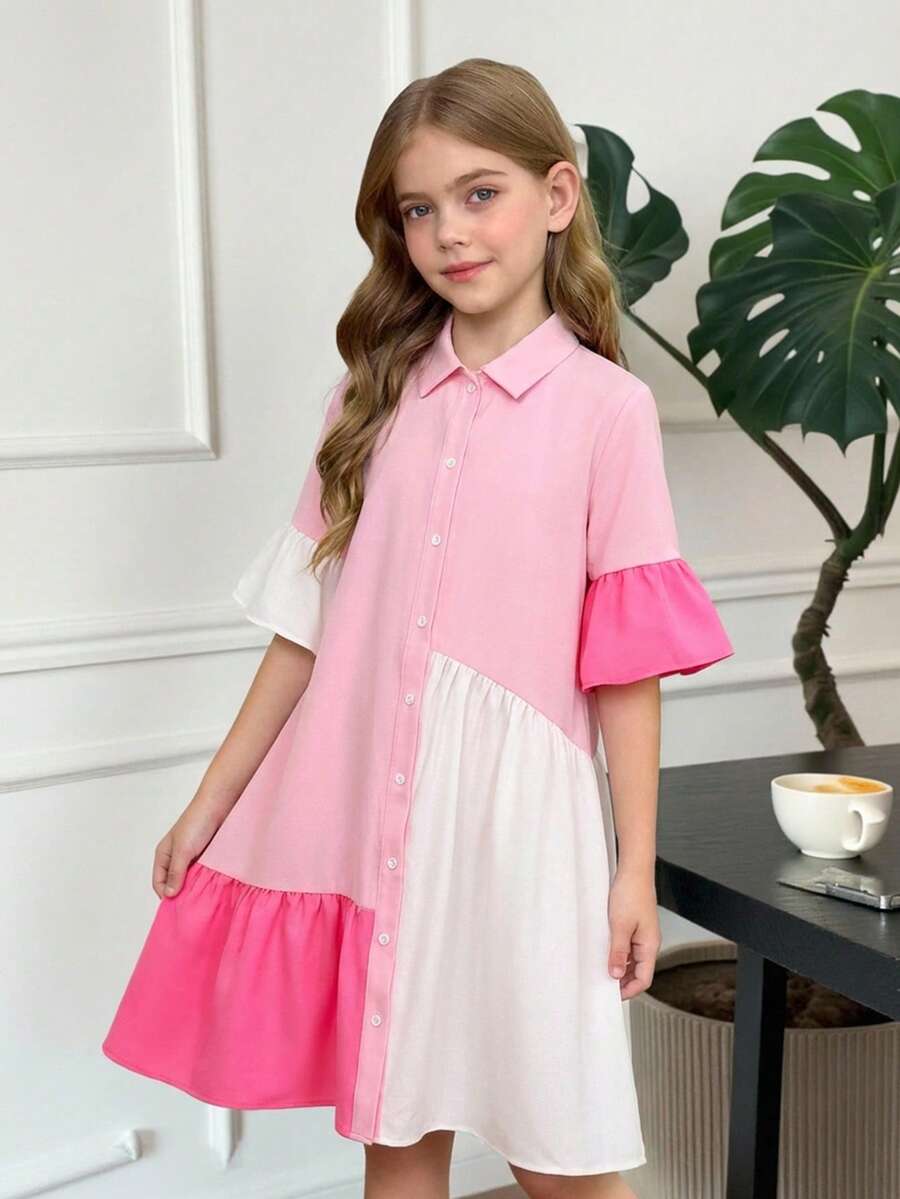 SHEIN Tween Girls Pink Dress,Cute Summer Tea Party Pink And White Striped Colorblock Ruffle Hem Fitted Flare Sleeve Woven Fabric Back To School Everyday - Baby Pink - View 1