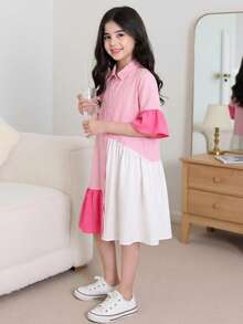 SHEIN Tween Girls Pink Dress,Cute Summer Tea Party Pink And White Striped Colorblock Ruffle Hem Fitted Flare Sleeve Woven Fabric Back To School Everyday - Baby Pink - View 12