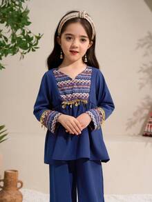 Elladie kids 两件套女童图案拼接长袖V领上衣和长裤休闲套装，春秋季 - 寶藍色 - 查看 6