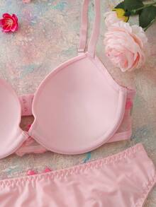 FloralLove 情人节刺绣花卉蕾丝拼接钢圈加厚聚拢舒适半罩杯浪漫礼物蝴蝶结可爱娃娃衫女士内衣套装 - 粉色 - 查看 8