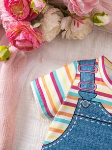 SHEIN Vestido de niña bebé de cuello redondo con estampado de rayas y dibujos animados de manga corta 2 en 1 - Amarillo - Ver 4