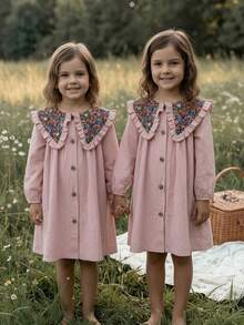 Emery Rose Kids Emery Rose Kids 女童纯色拼接碎花彼得潘领休闲连衣裙，女童春秋法式连衣裙，秋装，舒适秋冬款式，圣诞节，秋季服装，长袖，秋季连衣裙，女童碎花蕾丝领连衣裙，舒适秋冬款式，秋季，粉色连衣裙，秋季连衣裙，长袖 - 粉色 - 查看 5