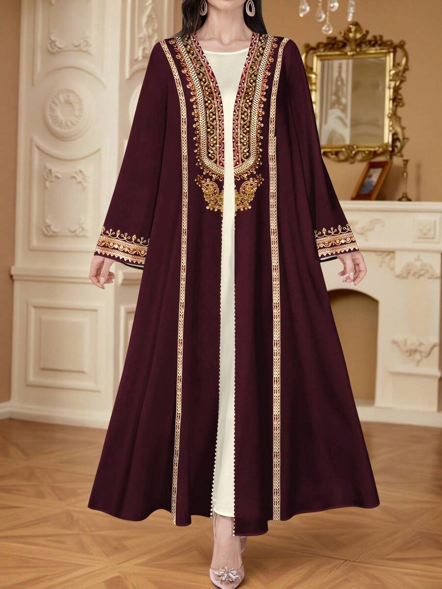 SHEIN Najma Women's Floral Digital Print Casual Open Front Long Sleeve Cardigan, Spring/Autumn Abayas - Multicolor - View 1