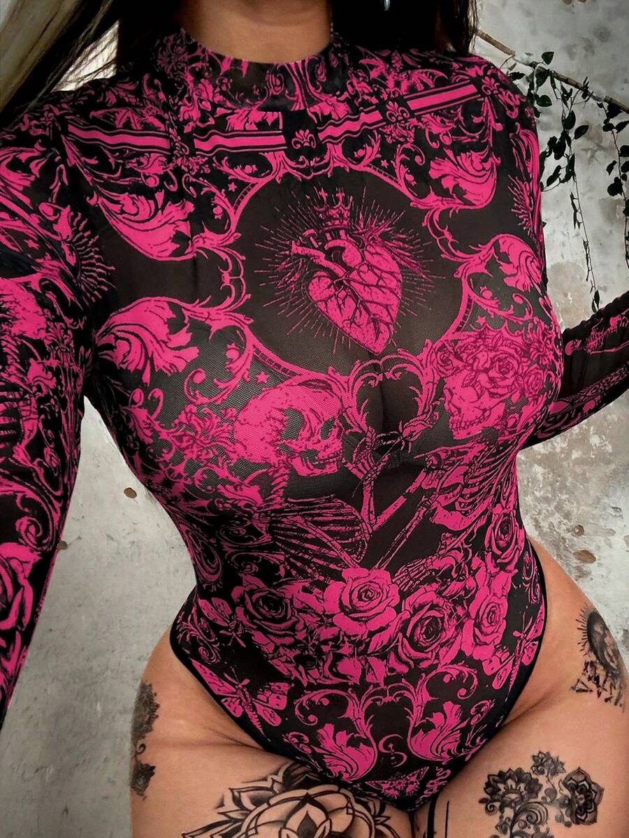Whyspr 大码圆领长袖网纱印花优雅复古朋克哥特风休闲连体衣，适合万圣节、度假等场合。 - 彩色 - 查看 1
