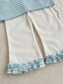 SHEIN 2pcs Baby Girls' Sweet Princess Style Pink & White Striped Outfit, Essential For Everyday Outings & Family Gatherings, Autumn/Winter 2025. Featuring: Waffle Knit Fabric, Collared Top With Ruffle Trim & 3D Bow Accent, Cute Striped Pattern, Flared Pants With Ruffle Hem. - Blue - View 3