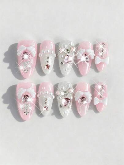 Kawaii 10pcs Cute Bow Fake Nails + 3 Sheets Double-Sided Adhesive, Removable Pink Themed Hand-Painted Nail Stickers, Reusable Nail Arts Suitable For Holidays, Parties, Dancing And Daily Wear, Valentine's Day