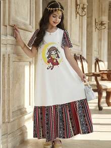Robe de vacances pour préadolescentes à col rond et manches courtes, avec motif de patchwork de couleur unie - Rouge et Blanc - Voir 5