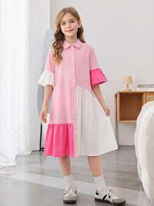 SHEIN Tween Girls Pink Dress,Cute Summer Tea Party Pink And White Striped Colorblock Ruffle Hem Fitted Flare Sleeve Woven Fabric Back To School Everyday - Baby Pink - View 10