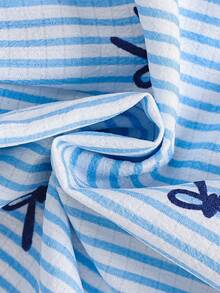 SHEIN 1pc Baby Girls' Sleeveless Striped Bow Print Cute Casual Strap Dress, Ruffled Hem Design, Suitable For Summer Outings, Travel, Beach, Photography - Blue - View 7